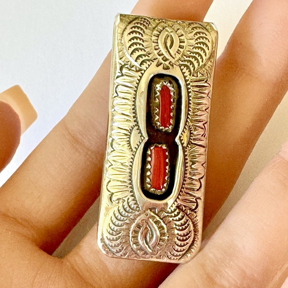 Navajo Red Coral‎ Money Clip Handmade Skeets Shadowbox Stamped Native American